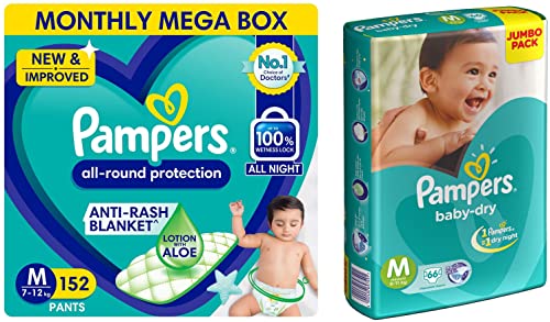 Image of Pampers All round Protection Pants, Medium size baby diapers (MD) 152 Count, Anti Rash diapers, Lotion with Aloe Vera & Pampers Taped Baby Diapers, Medium, (MD), 66 count