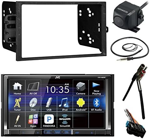 JVC KWV640BT 6.8" LCD Bluetooth CD DVD Car Stereo Receiver Bundle Combo with Waterproof Rearview Backup Camera + Dash Kit + Wire Harness for GM Vehicles + Enrock 22 AM/FM Radio Antenna with Adapter