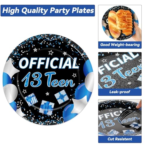 Image of 100 Pcs 13th Birthday Decorations for Boys Official Teen 13th Supplies Plates Napkins Forks Set Disposable Blue 13th Birthday Tableware Paper Plates Dinnerware for Kids Teenager Favors Serve 25
