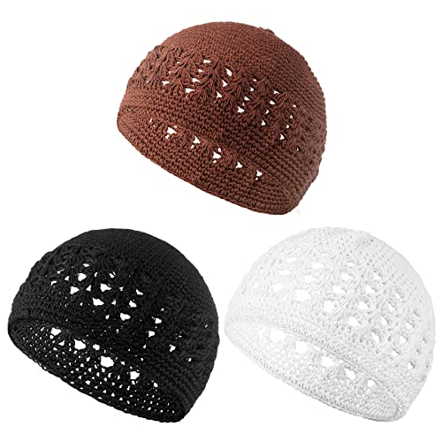Gorro de Punto Kufi de Ganchillo, Gorro de Punto con Calavera, Gorro de Ganchillo elástico para Hombres y Mujeres (Negro, Blanco, marrón, 3 Piezas)