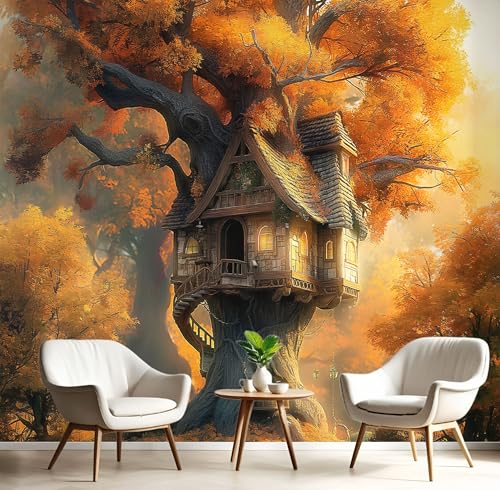 Fotomurales Decorativos Pared Fotográfico TV, Casa Del Árbol Del Roble Foto Mural, Naranja oscuro 3D Papel Pintado, Fantasía Estéreo 3D Fotomurales, 250Anx175Al cm
