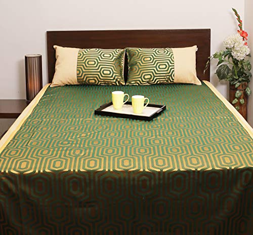 Image of Self Design Cotton Jacquard bedcover for Double Bed with 2 Pillow Covers (Green Hexa)