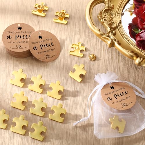 Image of Hotop 50 Sets Puzzle Wedding Favors - Gold Puzzle Piece Pins & Lapel Pins, 50 Wedding Thank You Tags & Gift Bags