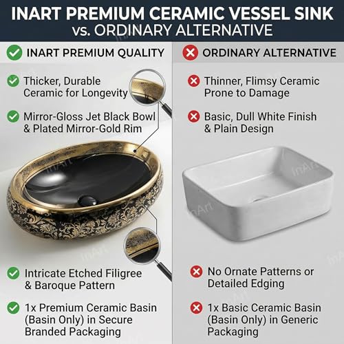 Image of Inart Ceramic Wash Basin | Counter Top Basin | Living room or Bathroom Table Top Basin | Black Gold Color | Size 60 x 40 x 15 CM