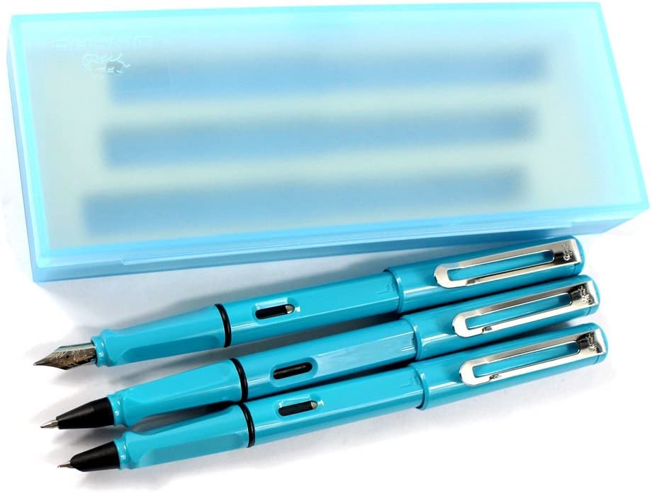 Stifte, Gelschreiber, Kugelschreiber, 3 Stück Kunststoffstifte, 1 Stück Füllfederhalter, 1 Stück feine Feder und 1 Stück Tintenroller mit Stiftbox – Gelb (Farbe: Himmelblau)
