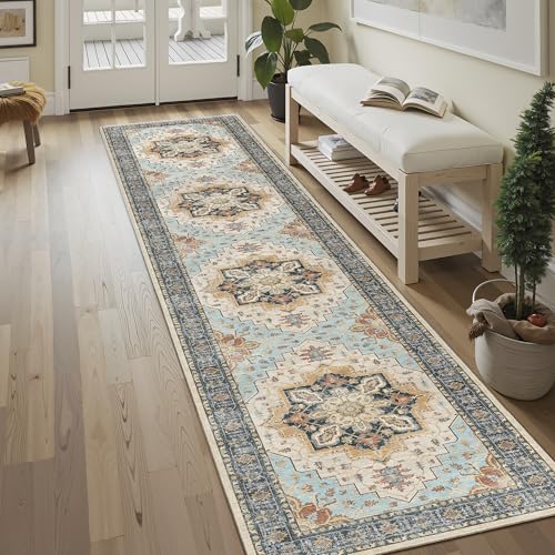 Madane Runner Rugs for Hallway 2x10 Long Washable Non-Slip Hallway Runner Rug Low-Pile Stair Kitchen Runner Soft Throw Carpet for Entrance Living Dining Laundry Room (Orange/Blue, 2 x 10)