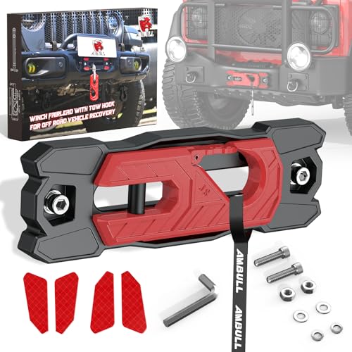 AMBULL Winch Fairlead with Tow Hook, Aluminum Hawse Fairlead with Grade 80 Forged Steel Winch Hook, 33000lb Break Strength Winch Fairlead Hook Set for Off-Road Vehicle Recovery, BlackRed