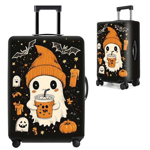 Cute Ghost Halloween Luggage Cover – Bubble Tea Suitcase Protector with Pumpkin & Bat Design – Stretchable Travel Cover for 28-30 Inch Luggage, L