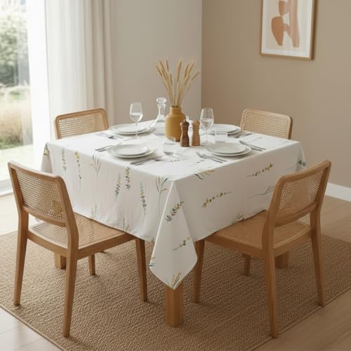 Image of HOMEMONDE 100% Cotton Premium Dining Table Cover 45 x 45 Inches Floral Printed Table Cloth for 4 Seater, Square Centre Table Cover (114 x 114 CM, Leafscape - Yellow & Green)