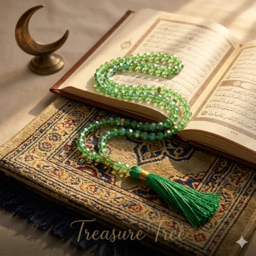 Image of Islamic Salat Prayer Tasbih - 100 Crystal White Beads - Tasbeeh for Dhikr, Zikr, and Meditation (Green)