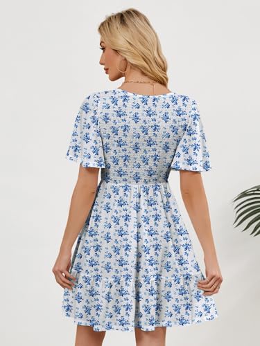 Image of UEAL Womens Cute Floral Smocked V Neck Flutter Sleeve Sundress with Pockets Casual Spring Summer Dresses for Women 2026