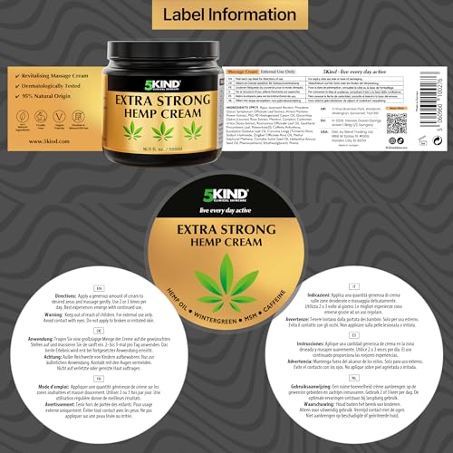 5Kind Extra Strong Hemp Cream 500Ml - High Strength Hemp Oil And Arnica Cream - For Massaging Joints & Muscles, Lower Back, Feet, Knees, Neck & Shoulders - Rich In Natural Extracts - 10