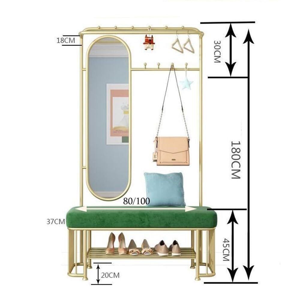 Arbre d'entrée industriel avec crochets amovibles, miroir et banc – Porte-manteau réglable avec étagère de rangement 80/100 cm (80 x 37 x 180 cm) pour entrée