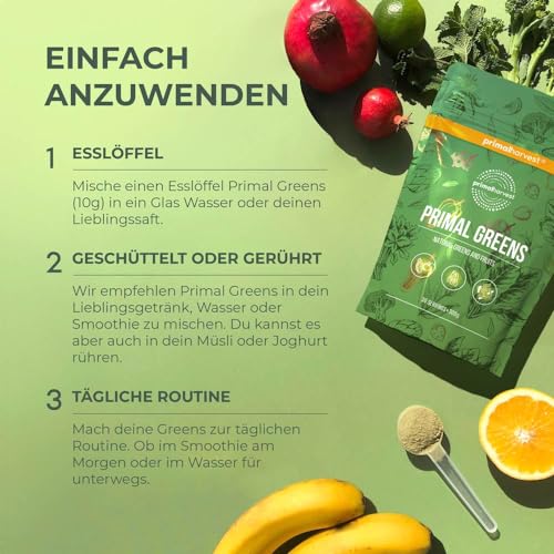 Primal Harvest Super Greens Pulver mit 27 Pflanzenstoffen, inkl. Spirulina & Weizengras, 30 Portionen (1 Bag, ursprünglicher Geschmack)
