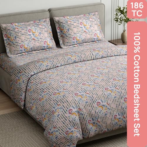 Image of Haus & Kinder King Size Bedsheet for Double Bed with 2 Pillow Covers 108 x 108 Inches | 186 TC Cotton Bedsheet for King Size Bed - Whispering Song Bird