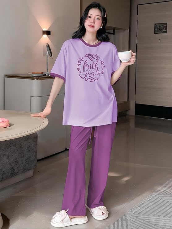 Image of KSHS Printed Round Neck Short Sleeve Nightsuit Set | Pajama Set | Casual Night Dress for Women