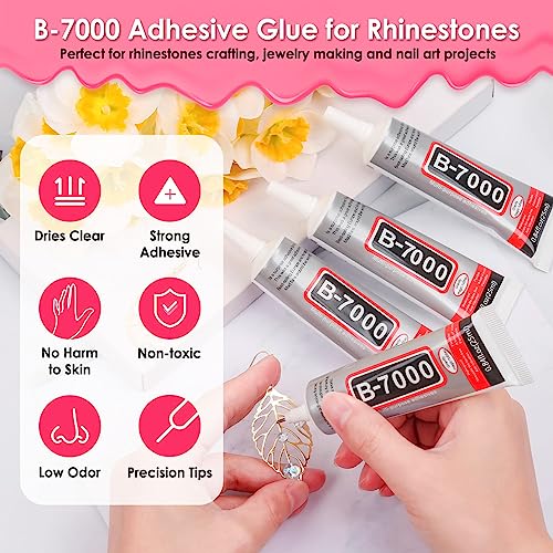 Image of 4Pcs 25mL B7000 Glue Clear with Precision Tip, Rhinestones, Bedazzling Tool | Strong Adhesive Jewelry Bead Gem Glue with Dotting Pen Tool for Jewelry Making Repair Fabric Clothes Shoes Crafts Nail Art