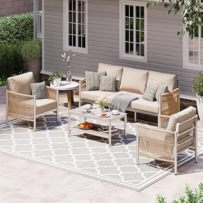 Oasbira Aluminum Outdoor Patio Furniture Set with Dual-Layer Coffee Table, 4 Piece Modern Patio Conversation Sets with PE Rope, Outdoor Sectional Sofa with Thick Cushions for Balcony, Porch, Beige