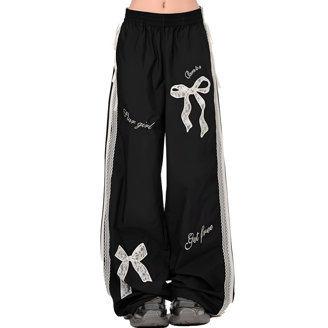 Y2K Grunge Alt Kawaii Gothic Clothes Loose Wide Leg Vintage White Lace Bows Trim Casual Pants for Women