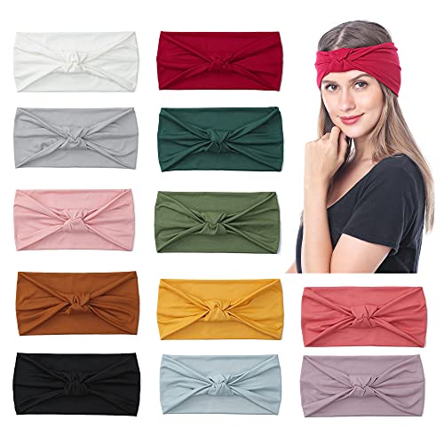 12 PCS Women Headbands Turban Knot Hairbands Versatile Wide Head Wraps Elastic Thick Hair Bands For Yoga Running Workout