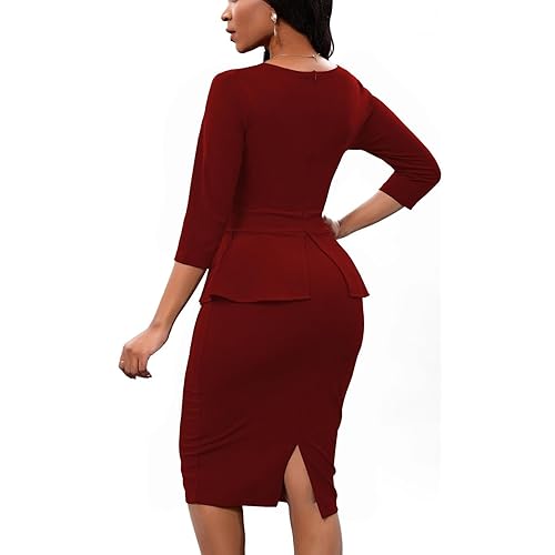 blue dress for baby girl Burgundy Crepe Midi Pencil Dress With A Curved Neckline main image 1