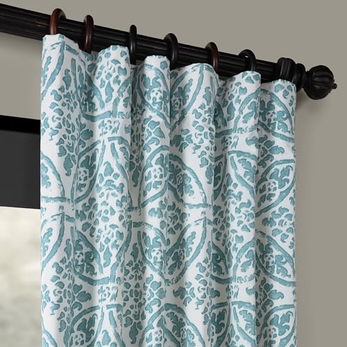 Image of HPD Half Price Drapes Printed Geometric Floral Curtains 96 Inches Long Luxury Cotton Curtain (1 Panel) Room Darkening Window Curtains for Bedroom & Living Room, 50W x 96L, Geometric Floral Aqua