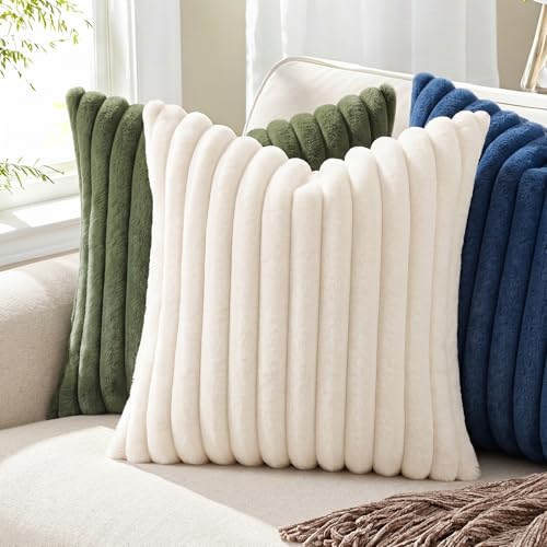 Image of Pallene Faux Fur Plush Throw Pillow Covers 18x18 Set of 2, Luxury Soft Fluffy Striped Decorative Pillow Covers for Sofa, Couch, Living Room, Navy Blue