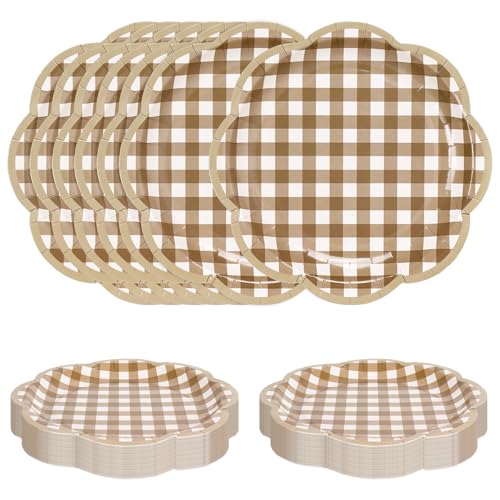 JarThenaAMCS 60 Pcs Brown Gingham Plaid Paper Plates Dessert Plates 7 Inch Brown White Scalloped Checkered Disposable Decorative Dinner Plate for Birthday Baby Shower Party Supplies