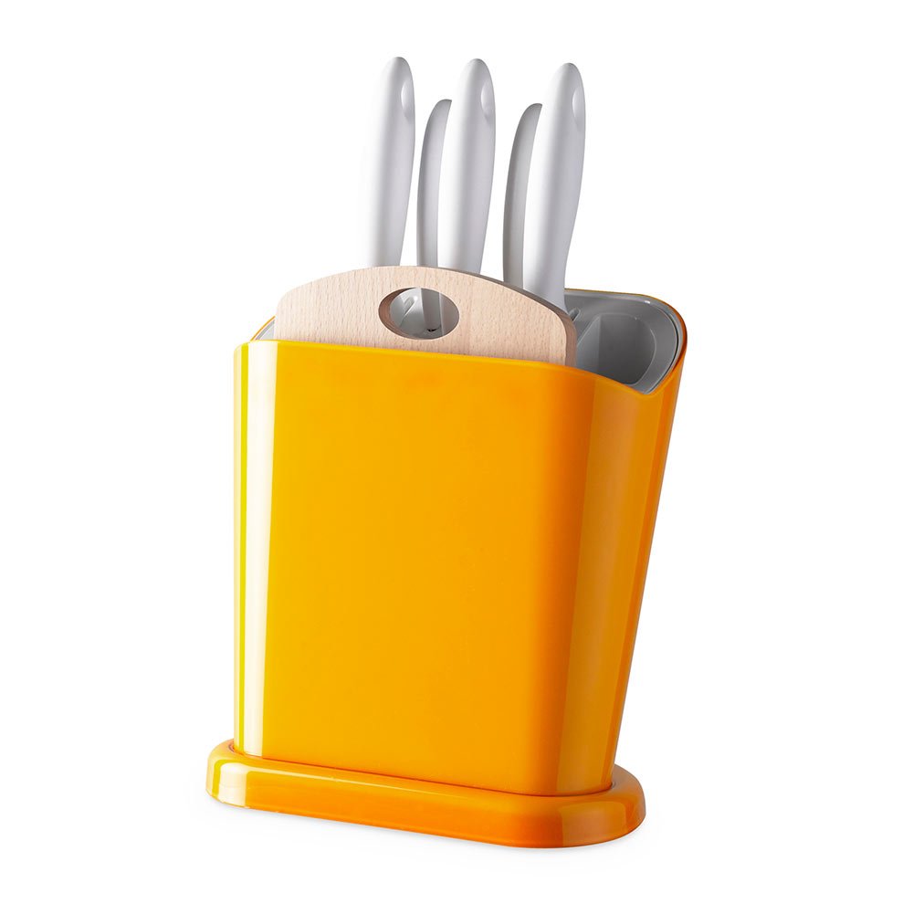 Omada Design Messerblock aus Polypropylen, Made in Italy, multifunktionaler Messerhalter mit Satz 5 Messerhalter für die Küche aus Edelstahl und Schneidbrett aus Holz. Linea Trendy, Gelbe Farbe | Set mit Ständer aus Kunststoff, komplett mit 5 Messern aus