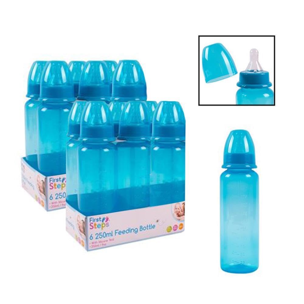 Pack of 12 Blue Baby Feeding Bottles 250ml with Silicone Teat 9oz Measuring Gauge BPA Free