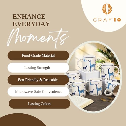 Image of CRAF10 Blue Stag Ceramic Coffee /Tea Mugs - Set of 6, 330 ML Each, Elegant & Durable, Microwave & Dishwasher Safe