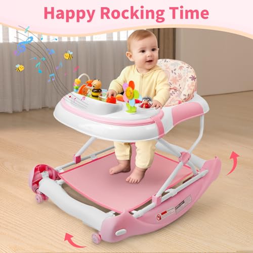 Image of 5 in 1 Baby Walker, Music and Lights Walker for Baby Boy Girls 6-12 Months, Foldable Baby Walkers with Wheels and Bouncer Combo Portable, Toddler Infant Walker with Adjustable Height