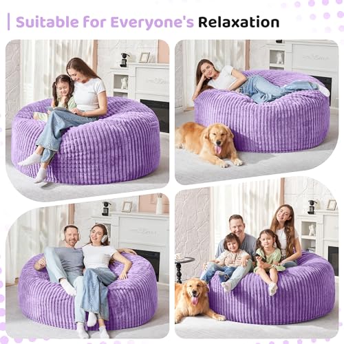 Image of HABUTWAY 5FT Bean Bag Chair, 5' Large Bean Bag Chairs for Adults with Removable Stripe Plush Cover, Memory Foam Beanbag Chair for Living Room Bedroom Dorm (Purple)