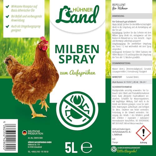 HÜHNER Land Milben Spray für Hühner XL Set 6 Liter inkl. Sprühflasche - Gegen Milben & Parasiten, Milbenspray Milbenmittel als Umgebungsspray zur Vorbeugung & bei akutem Befall