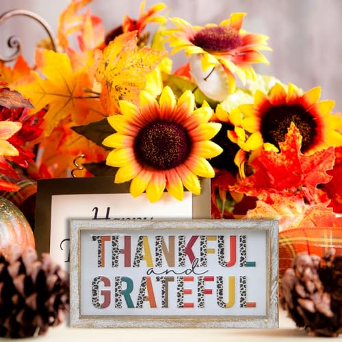Image of Embossed Thankful and Grateful Sign, Thanksgiving Decorations for Table Cubicle Desk Mantel Fireplace, Vintage Thanksgiving Home Decor Leopard Print Wooden Sign