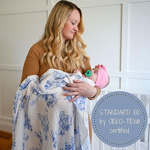 Image of LollyBanks Muslin Swaddle Blankets 2PACK, 100% Cotton Baby Blanket 47 x 47 Inches, Large Baby Swaddle Breathable, Muslin Blankets for Girls (Pink Bow and Chinoiserie Print)