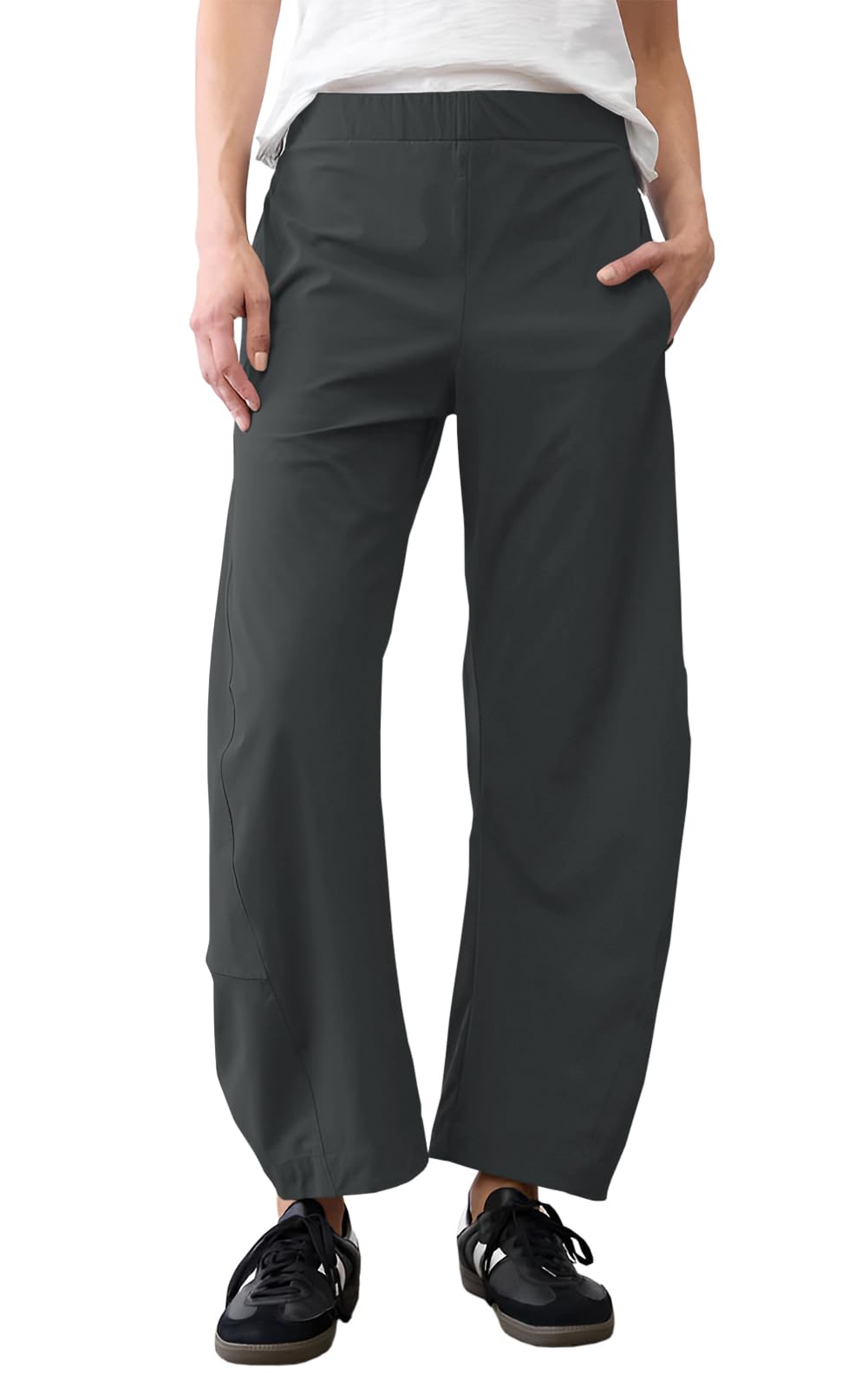 Womens Elastic Waist Ankle Pants Baggy Curved Tapered Leg Barrel Travel Pants with Pockets