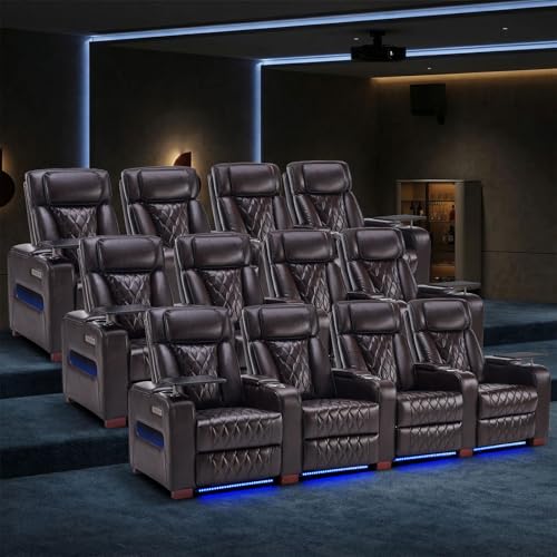 Image of Luxury Home Theater Seating - Power Recliner with Adjustable Headrests, Blue LED Ambient Lighting, Tray Table, USB & Type-C Charging (Dark Brown,4 Seat)