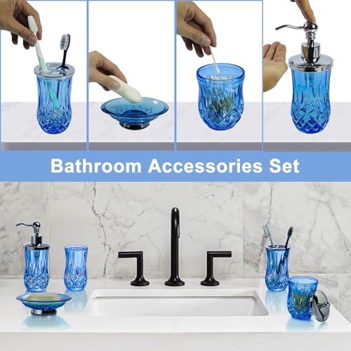 Bathroom Accessories Set,5 Pcs Blue Glass Bathroom Accessory Set,Complete Lotion Soap Dispenser,Toothbrush Holder,Soap Dish,Tumbler & Jar,Modern Bathroom Decor Sets,Gift for Home Apartment,Round - Image 6