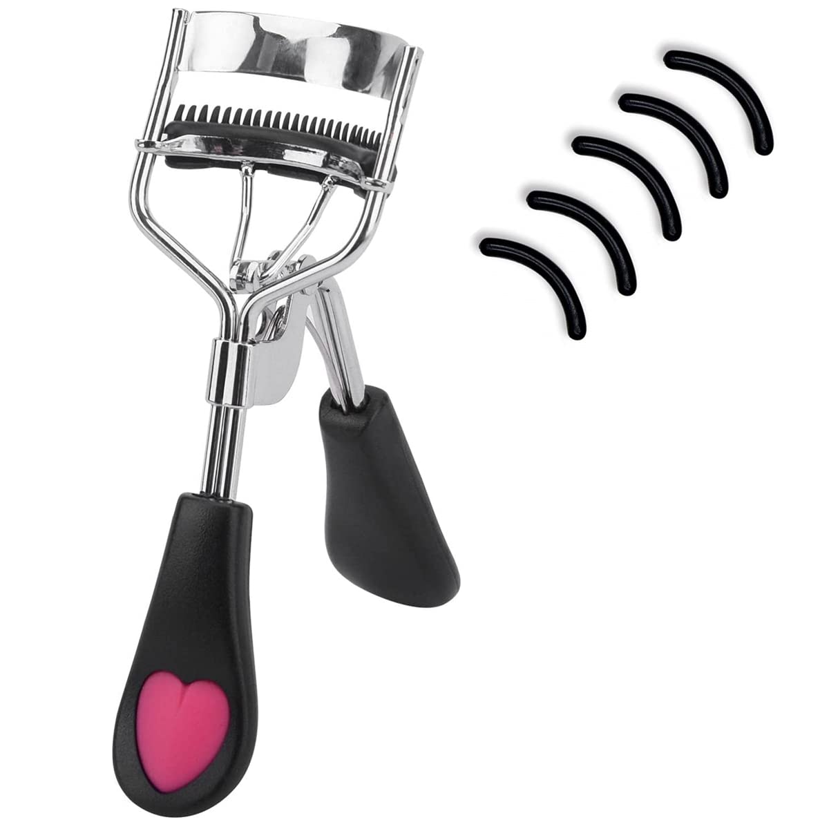 Rizador de pestañas de acero inoxidable con peine integrado, sin dolor, adecuado para cualquier forma y tamaño de ojos, con 5 almohadillas de repuesto de silicona (corazón negro y melocotón)