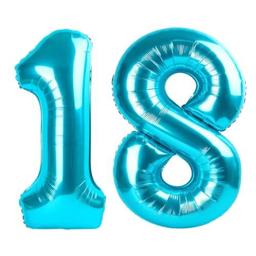 Image of 18 Balloon 40 inch Light Blue Number Balloons for 18 81 Birthday Decoration | Saturated Color, Large 40 in, With Inflation Straw & Hanging Hole, Great for Men's Party, Back-To-School Season, Pool Party