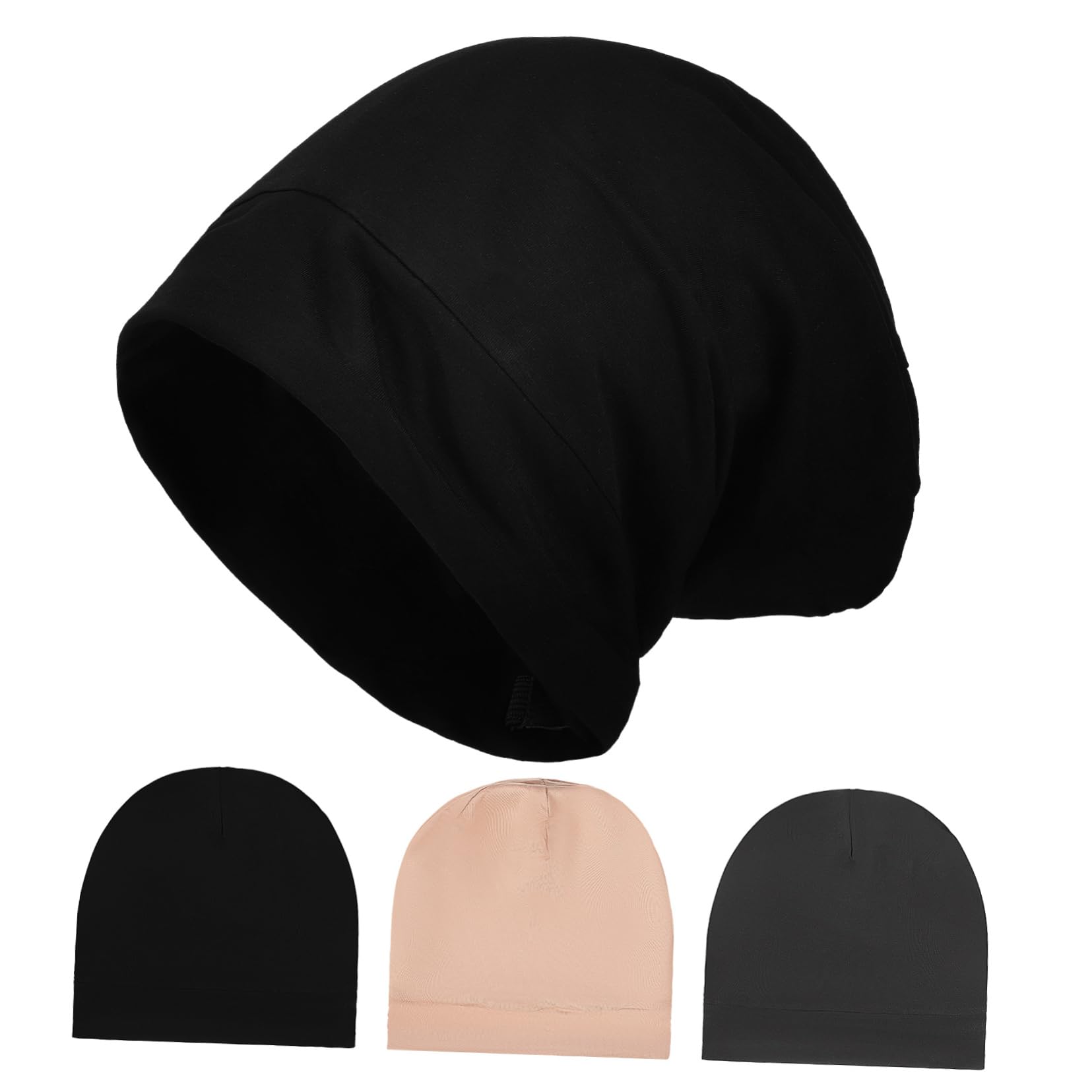 Gorro de Satén Pelo Ajustable 3 Piezas, Tela Satinada | Negro, Gris Oscuro y Caqui, para Dormir y Baño, Sujeción Estable, Reduce Fricción del Cabello