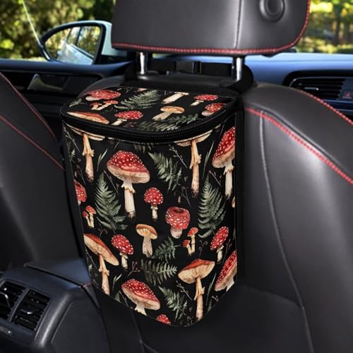 Image of Car Accessories Back Seat Multipurpose Car Trash Can with Lid, Leak Proof Waterproof Hanging Car Garbage Can for Road Trip Travel, Mushroom Print