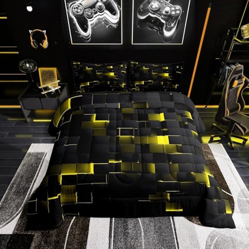 Image of Erosebridal Black Yellow Comforter Set Full Neon Geometric Checkered Bedding Set for Kids Adults Abstract Stereoscopic Grids Quilt Square Plaid Bed Set 3 Pcs Gamer Room Decor