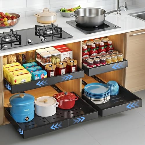 FumyFumy Teleskopschublade Ausziehbare Schublade Küche, Ausziehbarer Schrank Organizer Küchen Schubladen mit 100cm Schubladenmatte(Schwarz, 1 Stück/Einstellbare Breite 30.5-51.5cm)