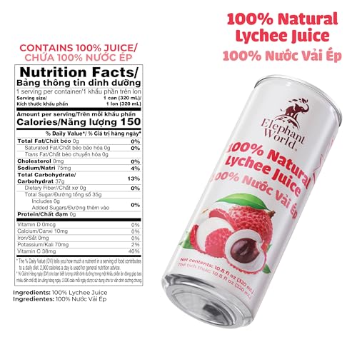 Image of Elephant World 100% Natural Lychee Juice | NON GMO | 10.8 oz (Pack of 6), Lychee