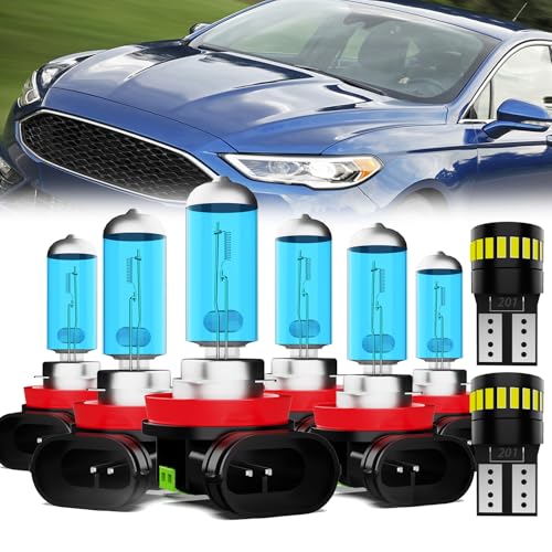 Image of Headlight Bulbs + License Plate Lights for Ford Fusion 2019-2020, H11 High Beam + Low Beam + Fog Lights Halogen Bulbs, Pack of 8