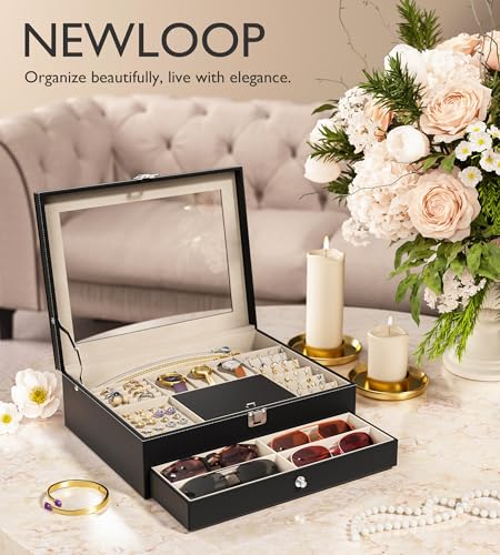 Image of NEWLOOP Jewelry Sunglasses Organizer for Women - 2 Layer Storage Box with 10 Eyeglass Slots 3 Watch Holders Necklace and Earring Compartments Velvet Lined Jewelry Box Eyeglass Box Watch Box Display