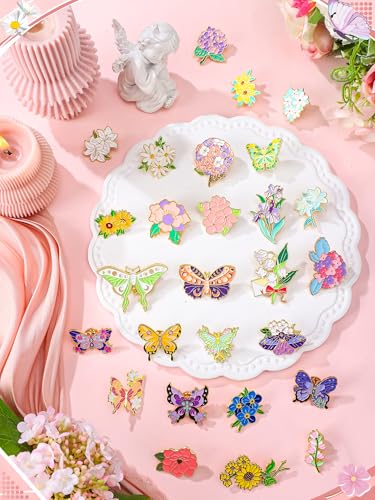 Image of Landical 48 Pcs Enamel Pins Set Butterfly and Flower Brooch Colorful Flower Butterfly Enamel Pins Bulk for Backpacks Moth Lapel Brooch for Badge Jewelry Hats Clothes