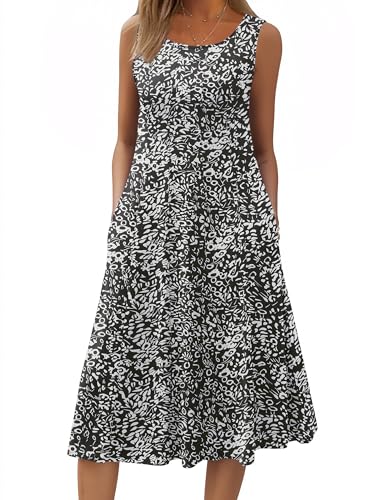 Image of HOTOUCH Summer Casual Dresses for Women Sleeveless Midi Dress Swing Tank Sundress Pleated Tshirt Dress with Pockets